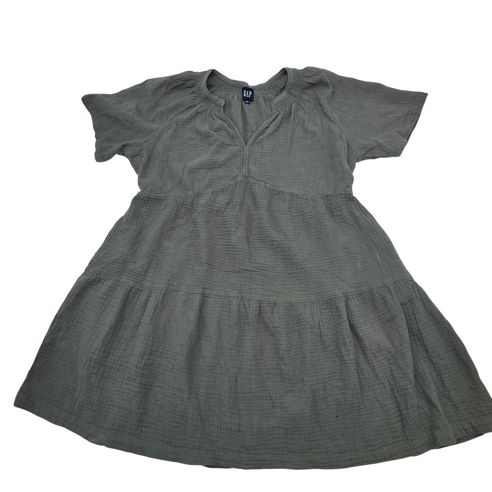 Gap Tiered Gauze Mini Dress WMN XXL Green Cotton V-Neck Short Sleeve Retro Boho